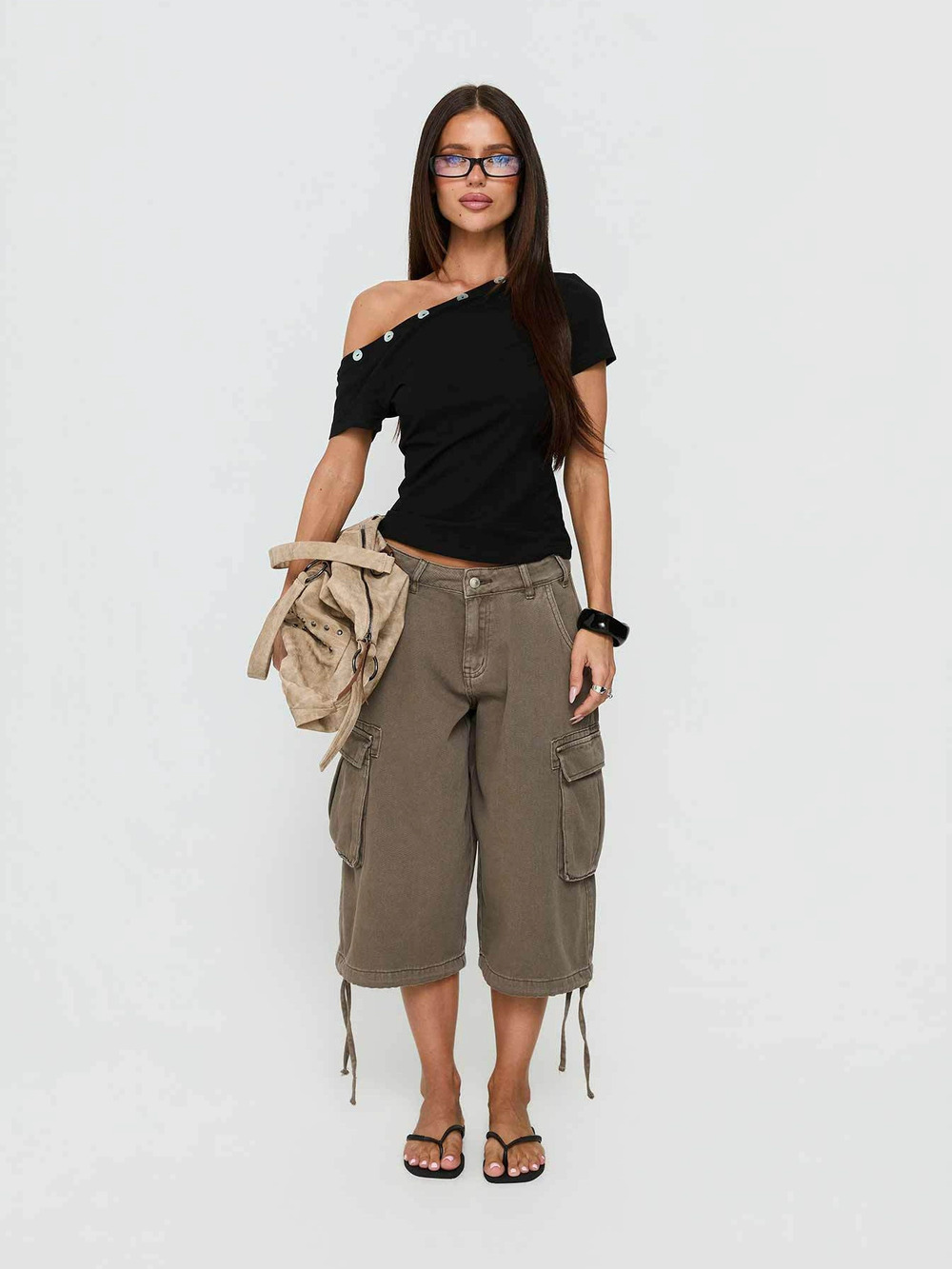 Zara New Off Shoulder Asymmetric Button Trim Waist T-Shirt Top